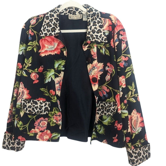 Boho Chic Button Down Cropped Blazer Cheetah & Bright Floral Print Women's L - Picture 1 of 8